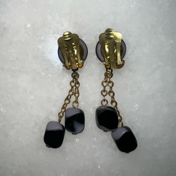 Boho Vintage Austria Signed Purple Marbled Polished Stone Dangle Earrings - Picture 5 of 6